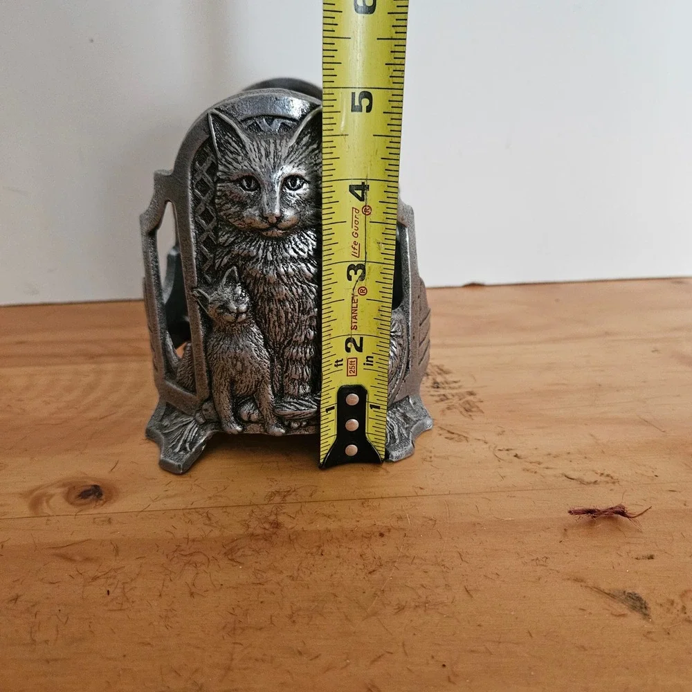 Silver Pewter Tone Cast Metal Cat and Kitten Jar Candle Holder Sleeve Pedestal